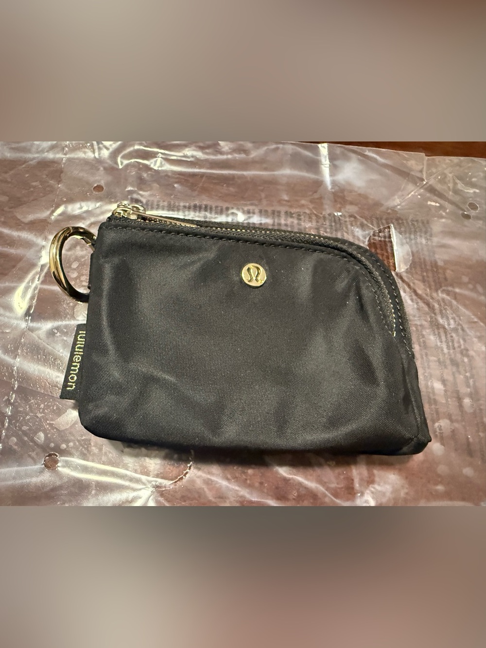 lululemon athletica double Zip Clippable card Pouch Black with Gold Logo. EUC.